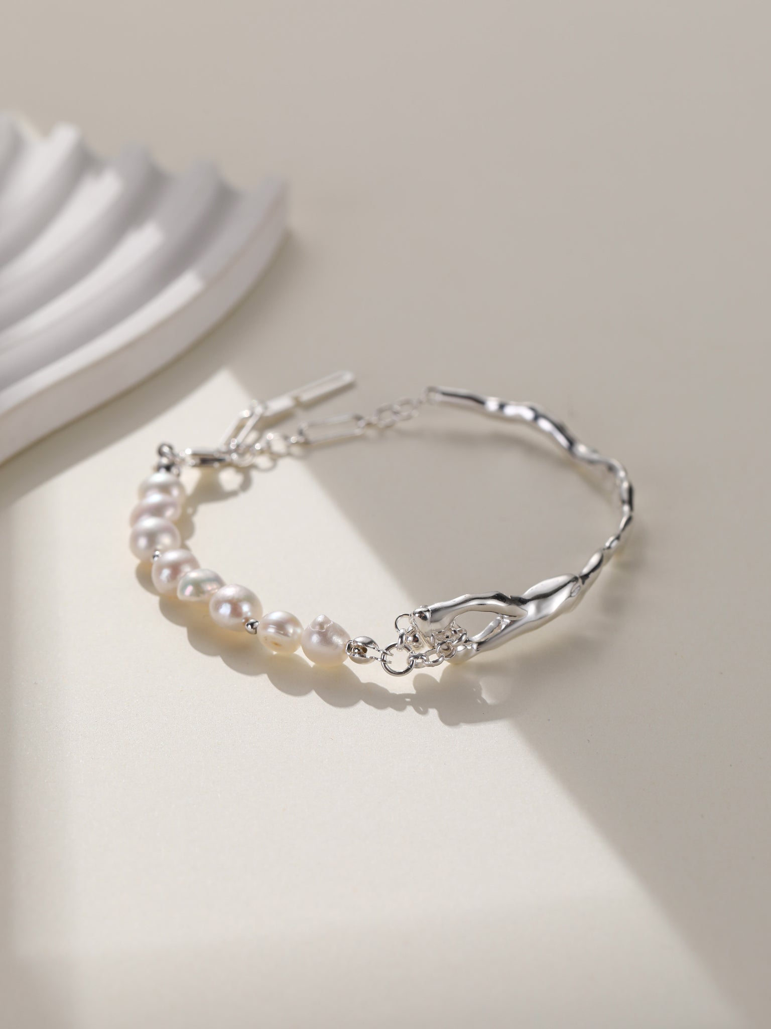 Rippling — Asymmetrical Pearl Silver Bracelet